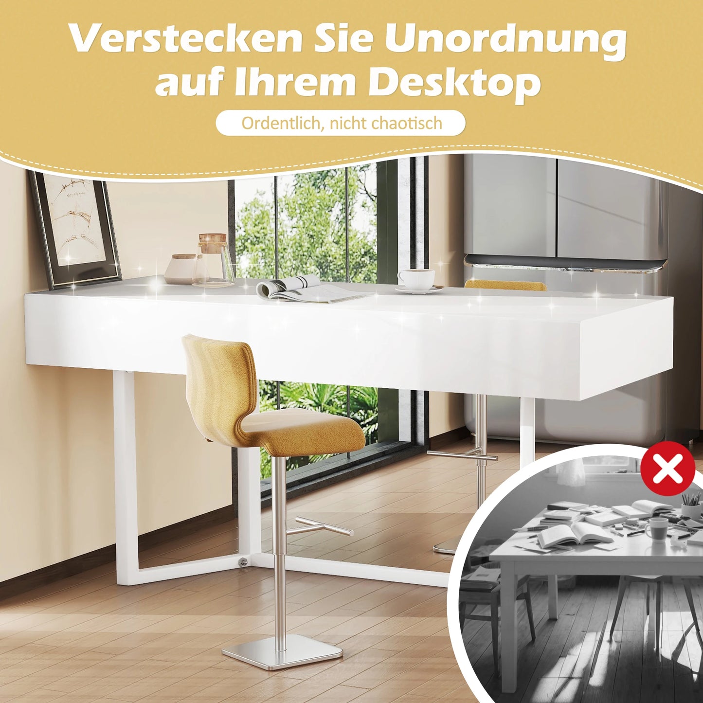 Klappbarer Schreibtisch 120×55cm – Multifunktional, faltbar, mit europäischen Steckdosen, Muschel-Design zum Verstecken des Unordnunges auf dem Schreibtisch – Geeignet