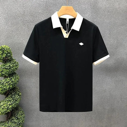 Men's Casual Polo Shirt Collared Short Sleeve Pique Cotton Breathable V-Neck Color Block Half Sleeve Summer Loose Top