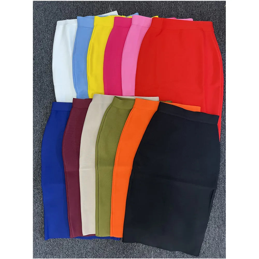 60CM Knee Length Summer Bandage Skirts For Women Candy Color Bodycon Pencil Skirt Ladies Elegant Office Business Formal XL XXL.