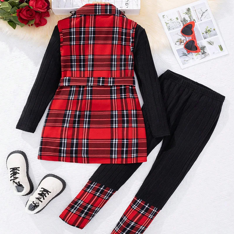 Three Piece Set For Winter Girls Cute And Warm Christmas Plaid Printed Jacket Long Sleeved Pants Princess Birthday Party Dress.