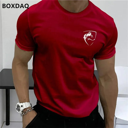 Summer Men's Fashion T-Shirts Short Sleeve Simple Wolf Badge Printing Streetwear Male T Shirt Trend O-Neck Casual Tops Plus Size.