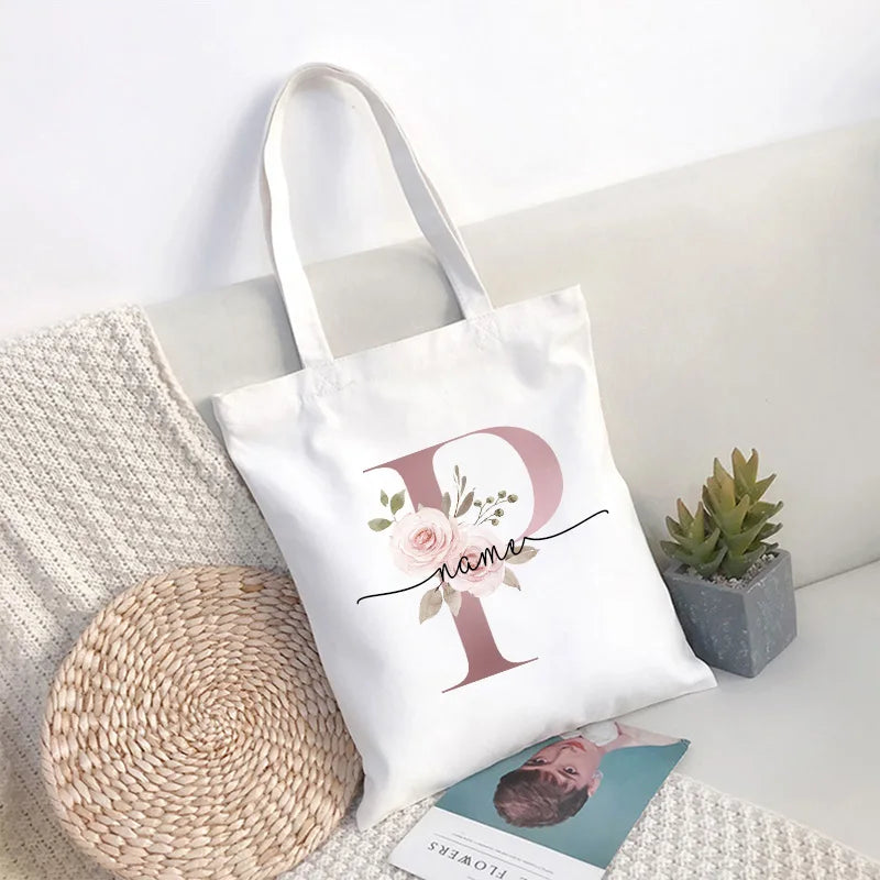 Custom Name White Canvas Tote Bag Large Capacity Foldable Supermarket Shopping Bag for Women Shopper Personalized Handbags.