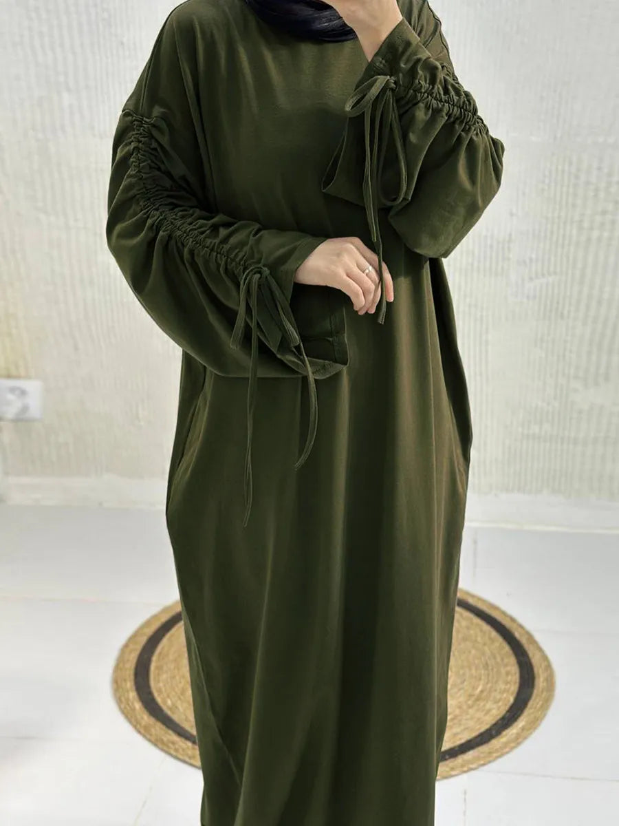 Muslim Women Arabic Dubai Abaya Drawstring sleeves Long Dress Modest Ramadan Kaftan Robe Femme musulmane Islam Clothing Kebaya