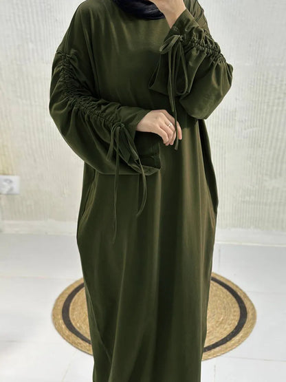 Muslim Women Arabic Dubai Abaya Drawstring sleeves Long Dress Modest Ramadan Kaftan Robe Femme musulmane Islam Clothing Kebaya