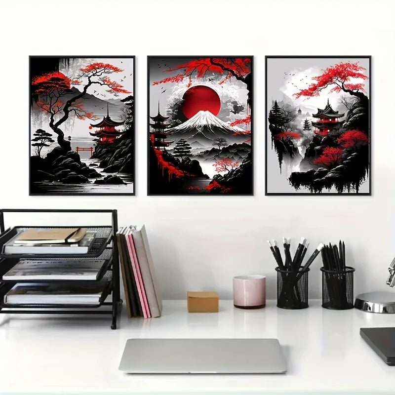 3pcs Frameless Japanese Natural Landscape Canvas Painting Black And Red Posters Vintage Ink Art Wall Prints For Living Room Home.