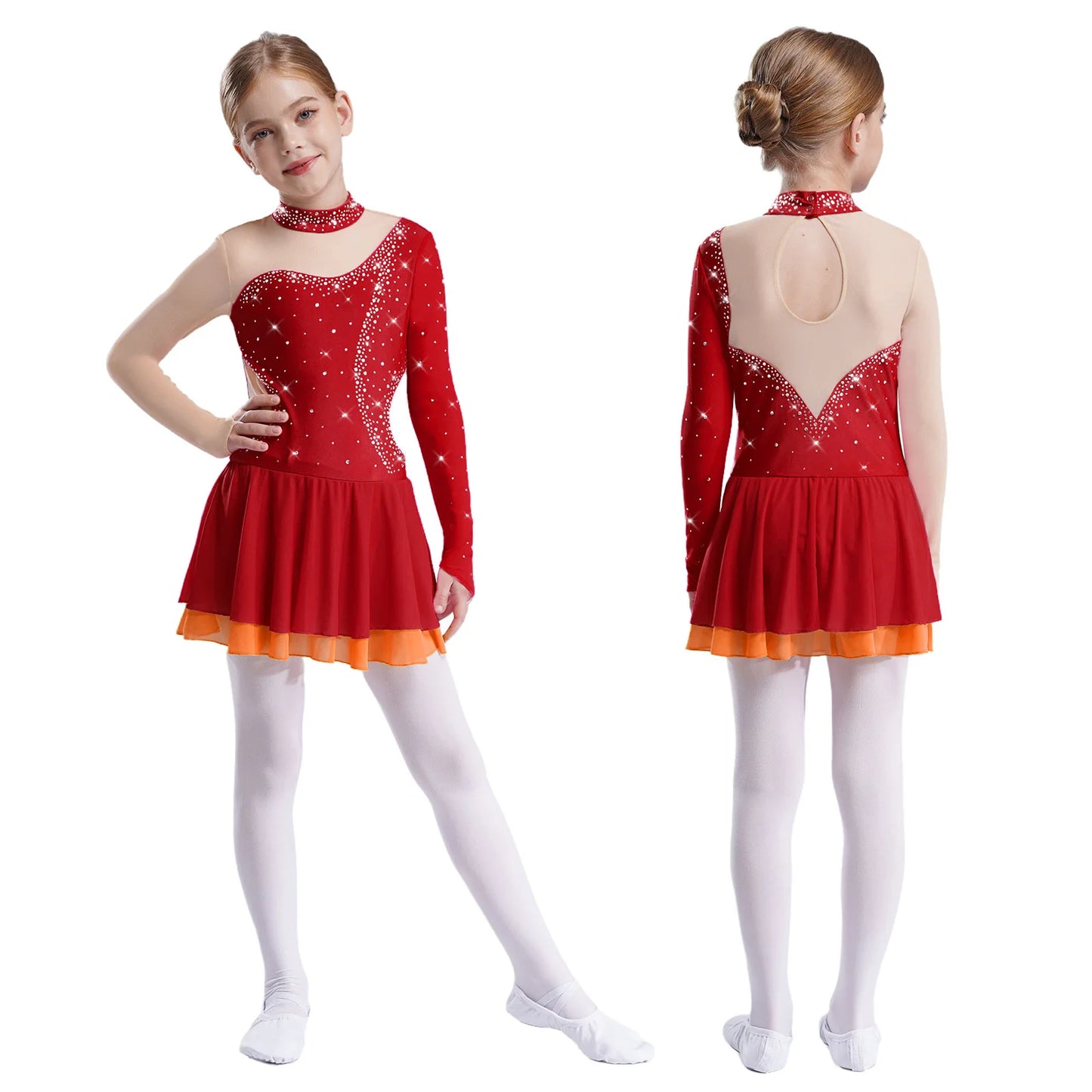 Kinder Mädchen Eiskunstlauf Kleid Lyrical Ballett Tanz Rhythmische Gymnastik Leistung Kostüm Langarm Strass Trikot