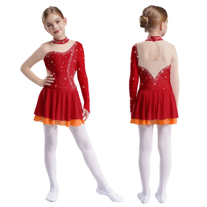 Kinder Mädchen Eiskunstlauf Kleid Lyrical Ballett Tanz Rhythmische Gymnastik Leistung Kostüm Langarm Strass Trikot