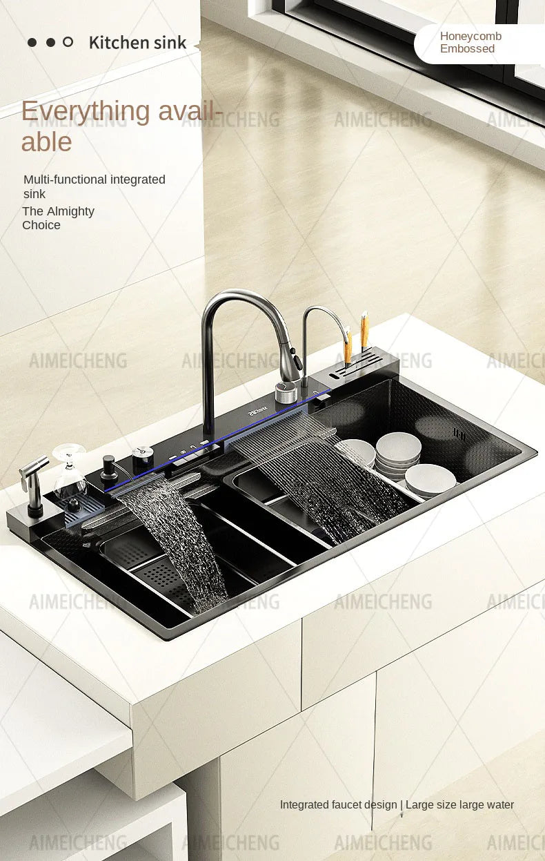 Heißer verkauf Edelstahl Wasserfall Küche Waschbecken Mit Messer Halter Digital Display Wasserhahn Set Geprägte Extra Große Einzigen Slot