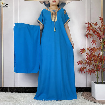 New Muslim Abayas Summer Short Sleeve African Dashiki Tassels Cotton Loose Caftan Lady Maxi Islam Casual Dresses With Headscarf