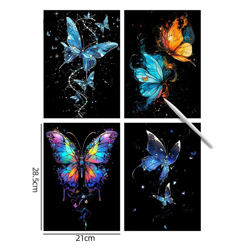 4PCS Glow in Dark Scratch Paper Animals Cards Magic Painting Art with Stylus Stress Relief Drawing Toy DIY Craft Kids Adult Gift