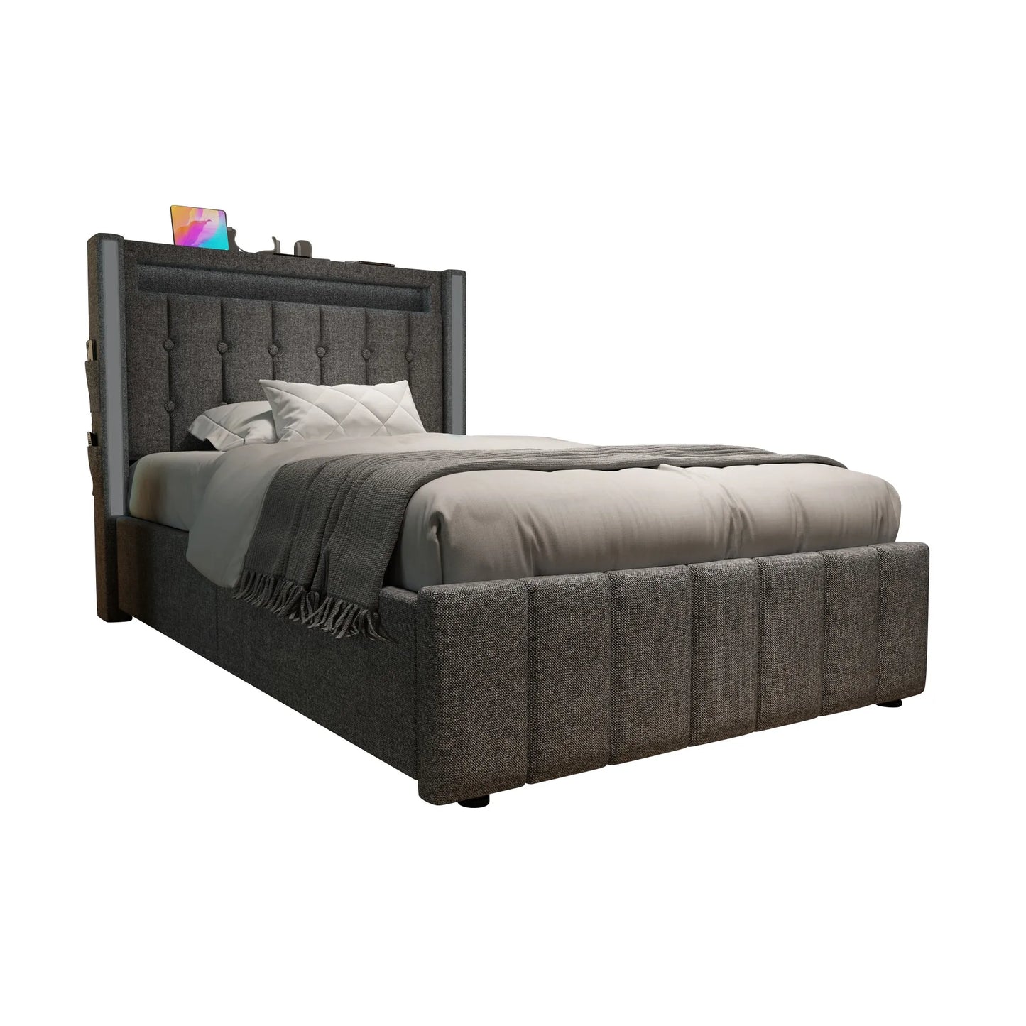 KOMHTOM Polsterbett Einzelbett Jugendbett 90x200 cm Grau - USB Typ C Ladefunktion, LED-Beleuchtung, 2 Schubladen, ohne Matratze