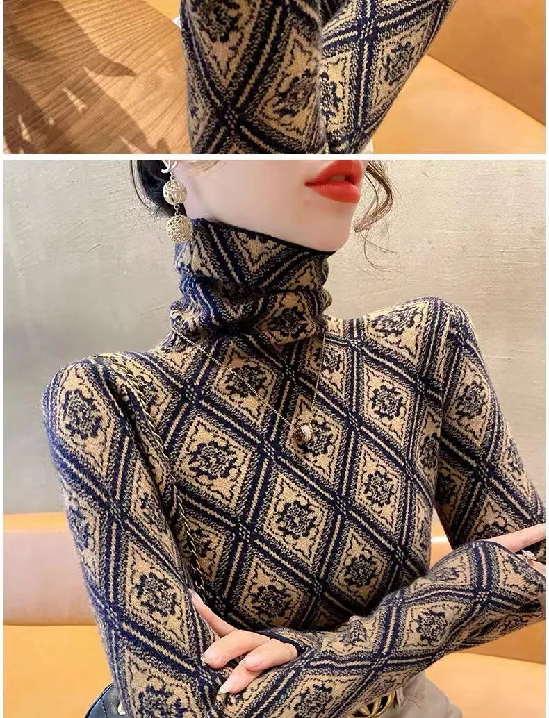 Frauen Kleidung Mode Rollkragen Argyle Stricken Pullover Herbst Winter Elegante Chic Schlanke Langarm Pullover Büro Dame Y2K Top.