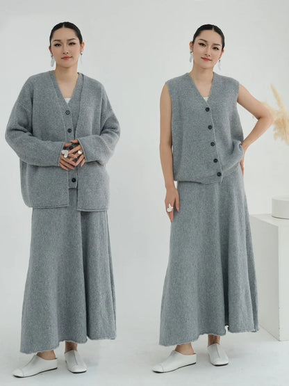 Muslim Women Dubai Abayas Dress Modest Winter Thick Knitted Set Solid Color Three Piece Set Islam Robe Femme Kaftan Clothing set.