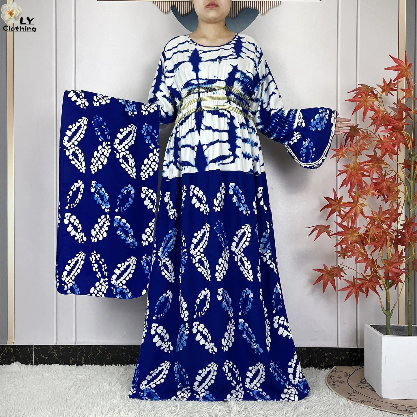 New Women Party Dress Dubai Muslim Summer Cotton Long Sleeve Collect Waist Boubou Maxi Islam Women Elegant Dress African Abaya