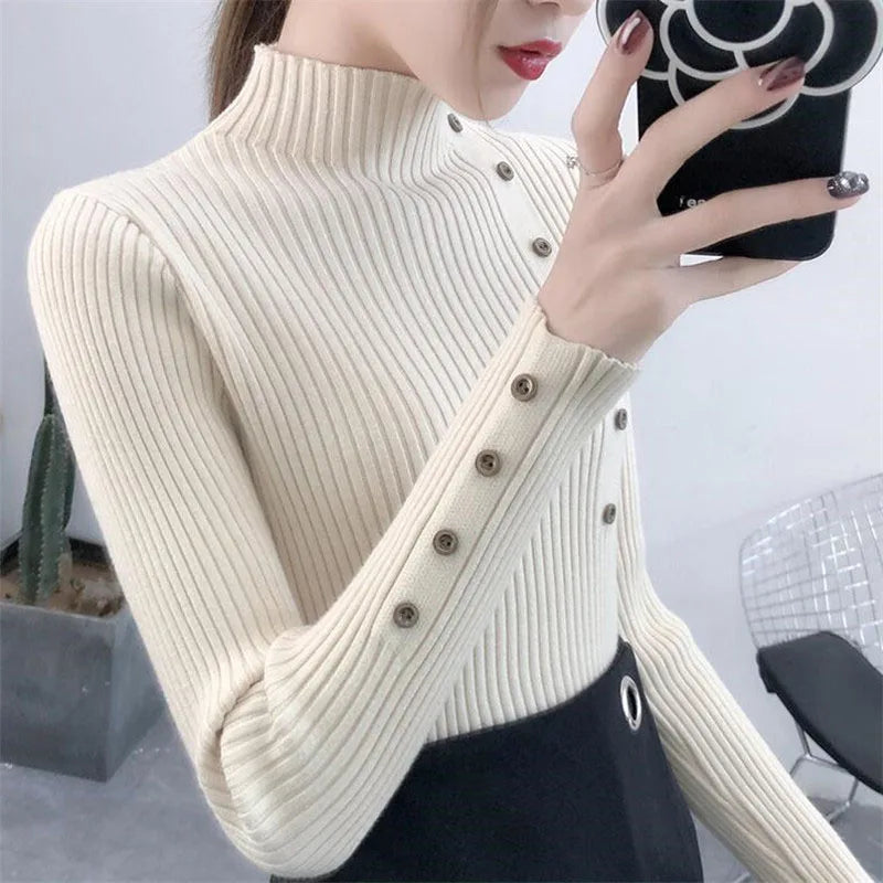 2023 frauen Herbst Gestrickte Dünne Pullover Solide Strickte Weibliche Baumwolle Weiche Elastische Farbe Pullover Taste Volle Hülse Rollkragen.