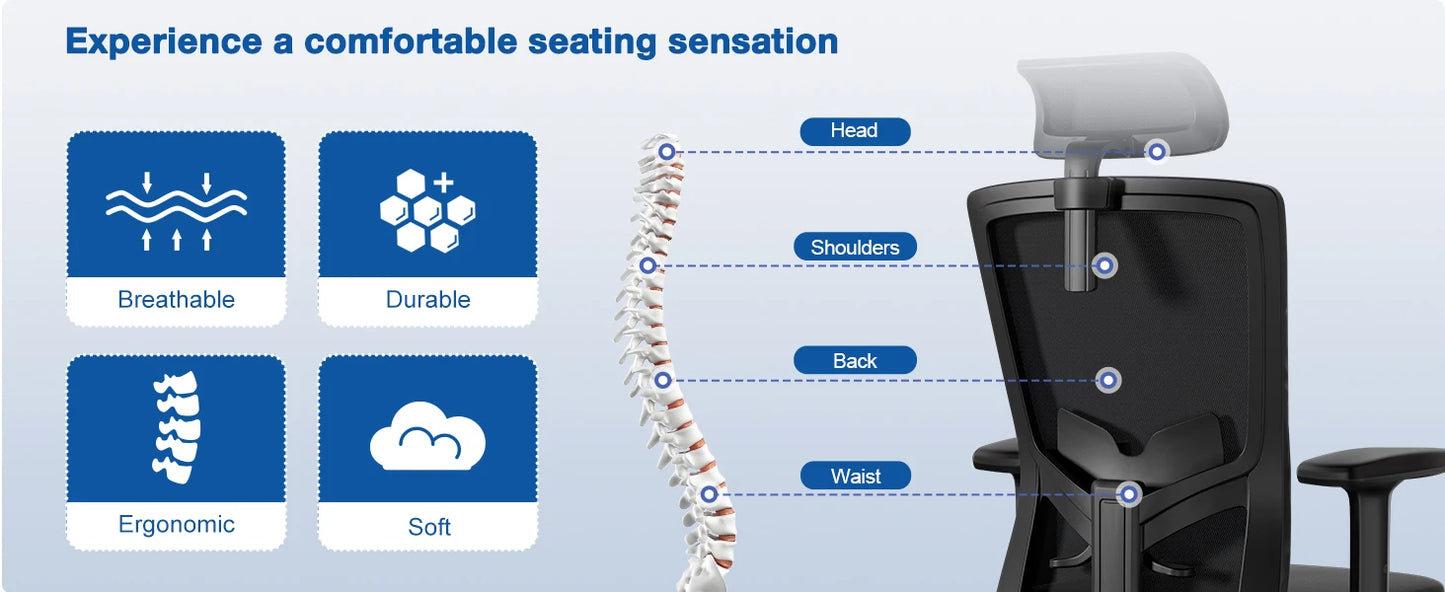 AUTHMIC Ergonomischer Bürostuhl, Netzrückenlehne, verstellbare Armlehnen, Lordosenstütze, drehbarer Schreibtischstuhl für das Heimbüro