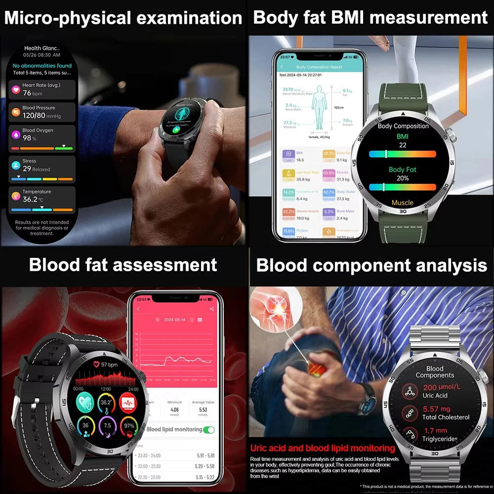 2025New Micro Physical Examination Blood Lipids Uric Acid Blood Pressure Smart Watch ECG+PPG Clock Bluetooth Call Smartwatch Men.
