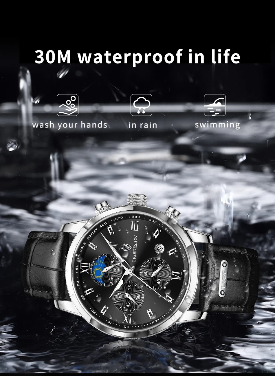 LIGE Luxury Fashion Women Watch Leather Strap Waterproof Casual Sport Quartz Wristwatch 24 hour Moon Phase Clock Watch for Women.