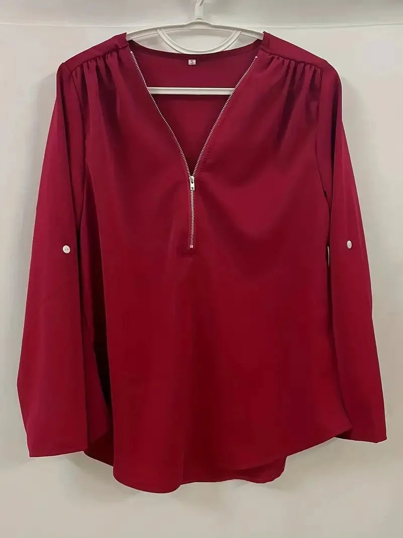 2024 Quality HotSale Plus Size Deep V Neck Women Blouse Chiffon Cool Loose Shirt Fashion Casual Ladies Tops Sexy Zipper Pullover