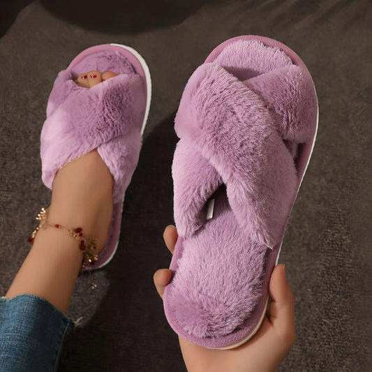 Fashion Cross Strap Fur Slippers Women Indoor Light Warm Plush Home Slippers Woman Faux Fur Flat Heel Couple Slides Plus Size 43.