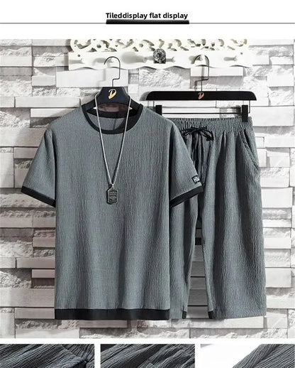 Summer Casual Ice Silk Short Sleeve T-Shirt Shorts Set for Men Fashionable Two-Piece Outfit Lightweight Sportswear Combo.