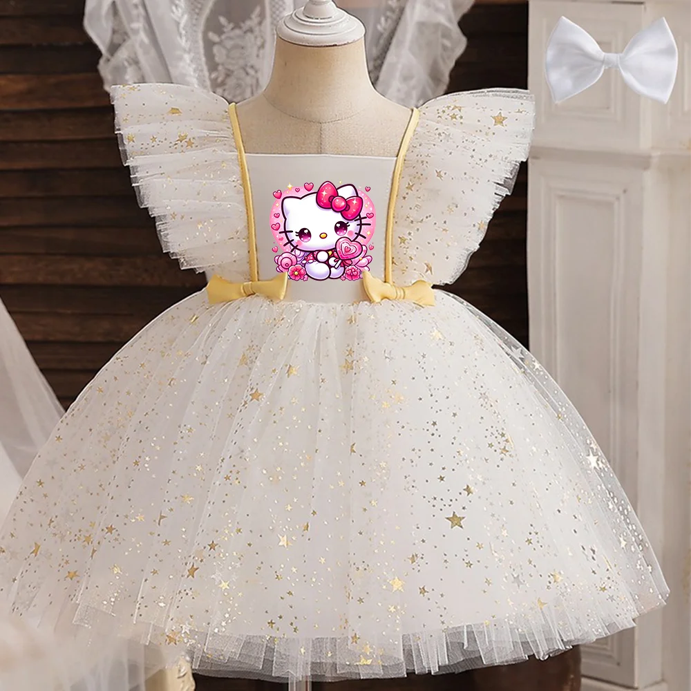 Hello Kitty Prinzessinnenkleid für Mädchen, Pailletten, Stern, Rüschen, Schleife, Tutu-Kleid, Baby, formelles Gala-Abschlussballkleid, Kinder-Abendparty-Kostüm