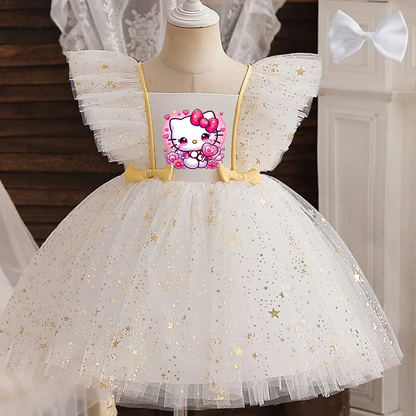 Hello Kitty Prinzessinnenkleid für Mädchen, Pailletten, Stern, Rüschen, Schleife, Tutu-Kleid, Baby, formelles Gala-Abschlussballkleid, Kinder-Abendparty-Kostüm