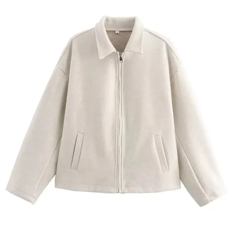 Mode Braun Zipper Woolen Jacke Für Frauen Elegante Revers Langarm Kurze Mäntel Weibliche Vintage Herbst Dame Straße Oberbekleidung