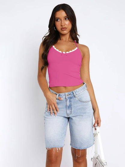 Neue Hals hängende Weste Damen Y2K Sexy Crop Top mit freiliegendem Nabel BM Strapsbasis und ärmelloses Slim Fit Top Tank Top