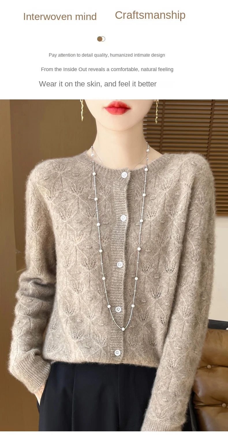 2024 Autumn And Winter New Round Neck Hollowed Out 100 Wool Knitted Cardigan Women's Versatile Coat Loose Casual Sweater DMR281.