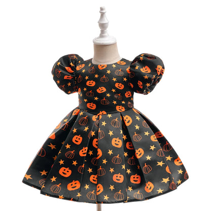 Kleinkind Halloween Kostüm Mädchen Cosplay Hexe Kürbis Skelett Druck Bowknot Kleid Kinder Festival Party Performance Kleidung