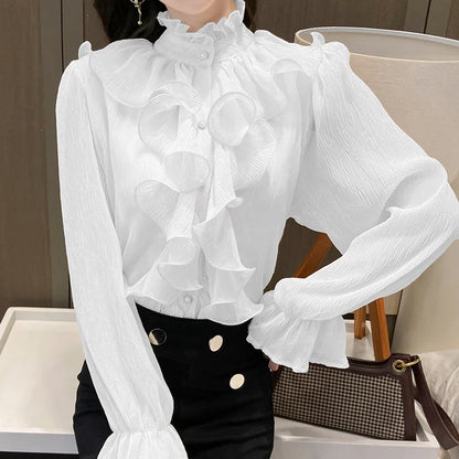 Autumn Vintage Ruffles Clothes Lace Blouse Women Spring Stand Collar White Chiffon Shirt Long Puff Sleeve Loose Tops Elegant