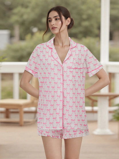 2-teiliges Lounge-Set für Damen, kurzärmelig, Revers, Schleife, Aufdruck, Knopfleiste, Tops, Shorts, Nachtwäsche-Sets.