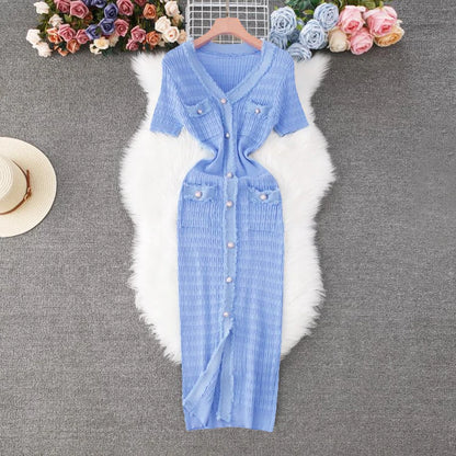 YuooMuoo 2023 Neue Ankunft Frauen Gestrickte Lange Kleid Elegante V-ausschnitt einreiher Split Pullover Kleid Büro Dame Vestidos.