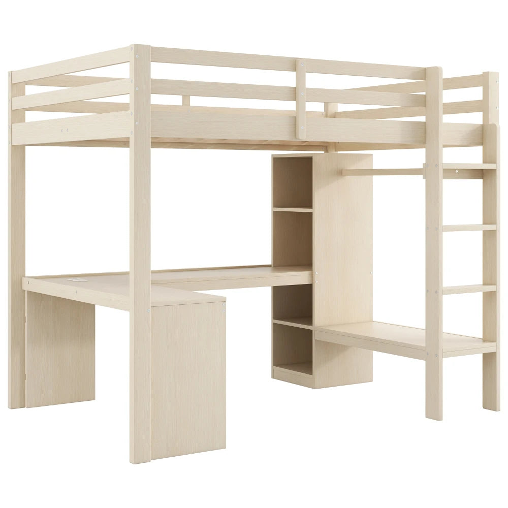 Modernes Kinder-Hochbett 140 x 200 mit Multifunktionsregalen, Unterbett-Schreibtisch, LED-Licht und USB, Kleiderschrank mit Stauraum, für Schlafzimmer