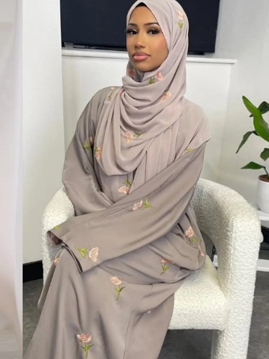 Women Middle East Arabic Dubai Abaya Luxury Rose embroidery Kimono Cardigan Long Dress Modest Robe Femme Islam Clothing Kebaya.