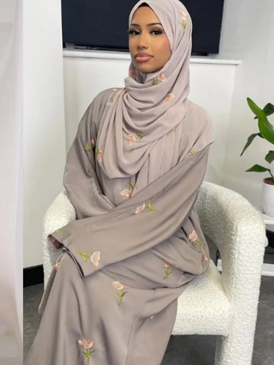 Women Middle East Arabic Dubai Abaya Luxury Rose embroidery Kimono Cardigan Long Dress Modest Robe Femme Islam Clothing Kebaya.