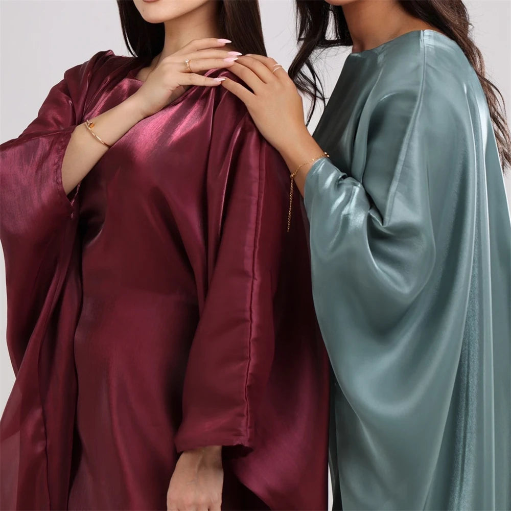 Muslim Kaftan Dress Satin Batwing Abaya For Women Dubai Luxury 2024 Islam Kebaya Robe Caftan Marocain Femme Musulmane Vestidos.