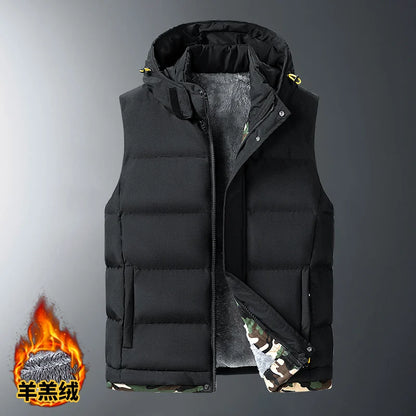 M-10XL Oversize Vests New Lambskin Vest Men's Autumn and Winter Warm and Detachable Hooded Youth Vests Windproof Waistcoats