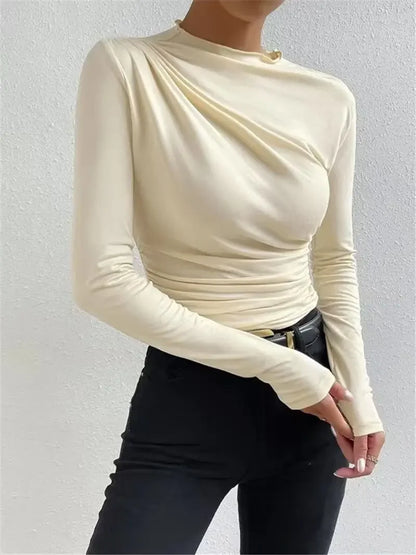 New Pure Color Folded High Collar Slim Fit Long Sleeve T-Shirt Grey Autumn Winter Versatile Design Base Layer Women's Top.