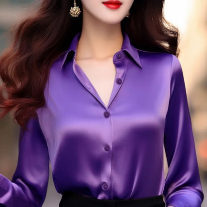 2025 Summer Women's Satin Shirts Elegant Plain Long Sleeve Blouse Office Lady Button-Up Shirt Top Female Shirts Blouse Autumn