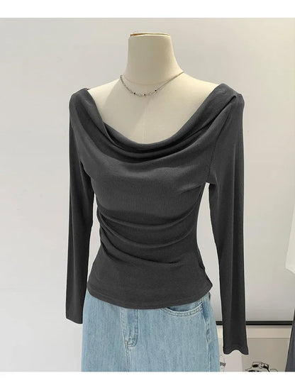 Off-The-Shoulder Long Sleeve T-Shirt Women's Early Autumn New Slimming Design Korean Style Sweet And Spicy Fashion Tops