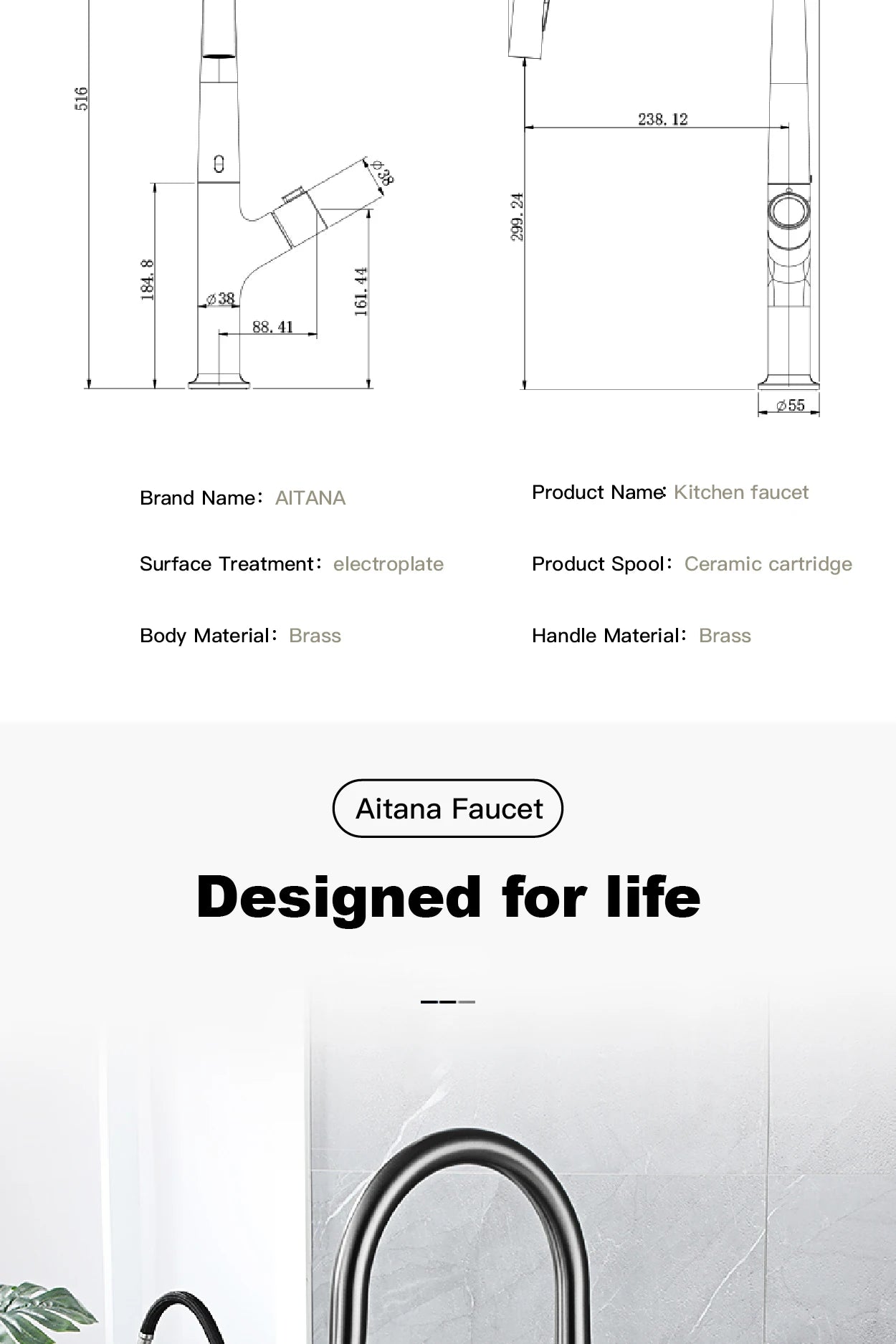 High-end gun gray brass kitchen faucet induction design single handle cold and hot dual control 2 function simple sink faucet