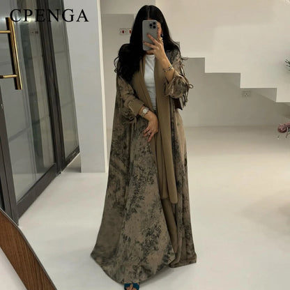 2025 sommer Arabisch Frauen Muslimische Kleidung Ramadan Dubai Offene Abaya Kleid mit Hijab Islam Gedruckt Chiffon 2 Stück Outfit.