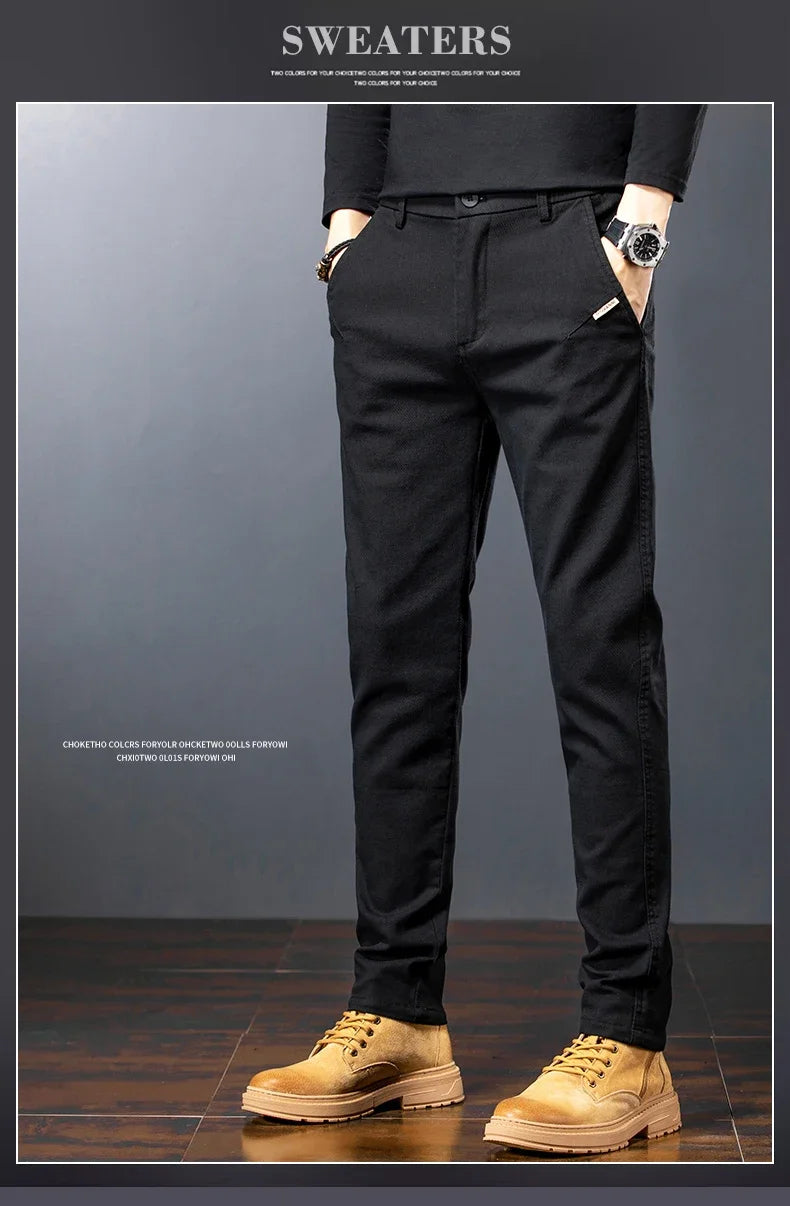 Men's Twill Slim Pants Business Straight Cotton Casual Trousers Brand Fashion Korean Elastic Coffee Black Gray Pant.