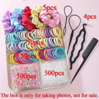 1109pcs Women Dark Hair Accessories Set Elastic Seamless Ponytail Scrunchies Small Rubber Bands Fashion Hair Ties Headbands.