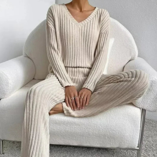 Women's Pajamas Autumn Winter New Casual Straight Pants Pullover Sleepwear Loose V Neck Knitted Home Wear Two Piece Loungewear.