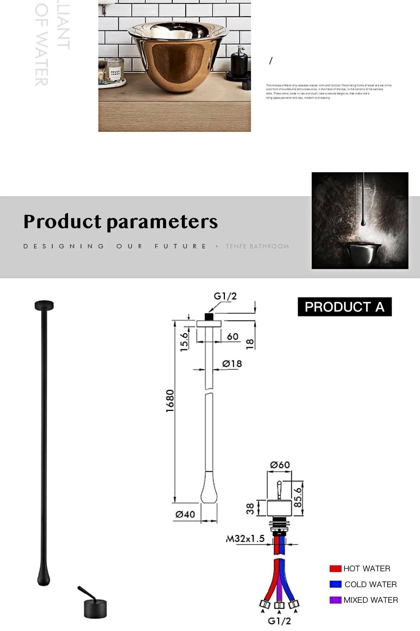 Luxuriöser Badezimmer-Wasserhahn aus gebürstetem Goldmessing im Deckendesign mit doppelter Steuerung von Hot & Cold-Waschtischarmaturen. Einfacher und anpassbarer Wasserhahn