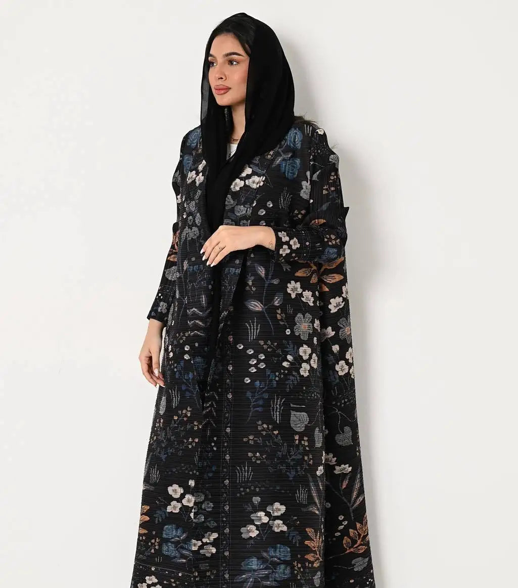 Abaya Miyake Pleated Printed Robe Jacket Arabian Dubai Style Women's Long Sleeve Conservative Demure Muslim Trench Coat 55inches.
