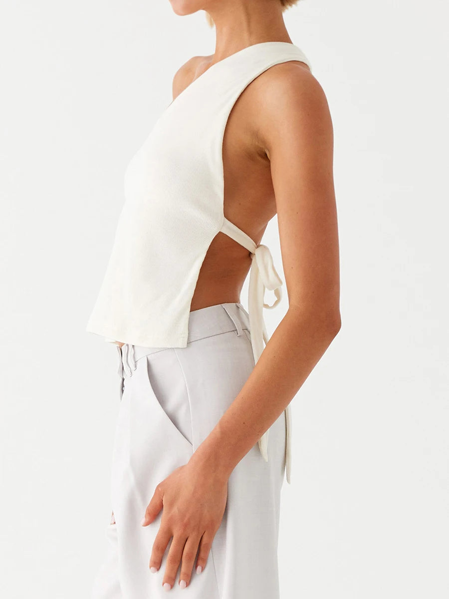 Women Off One Shoulder Tank Tops for Women Solid Stylish Side Tie Design Summer T-Shirt.